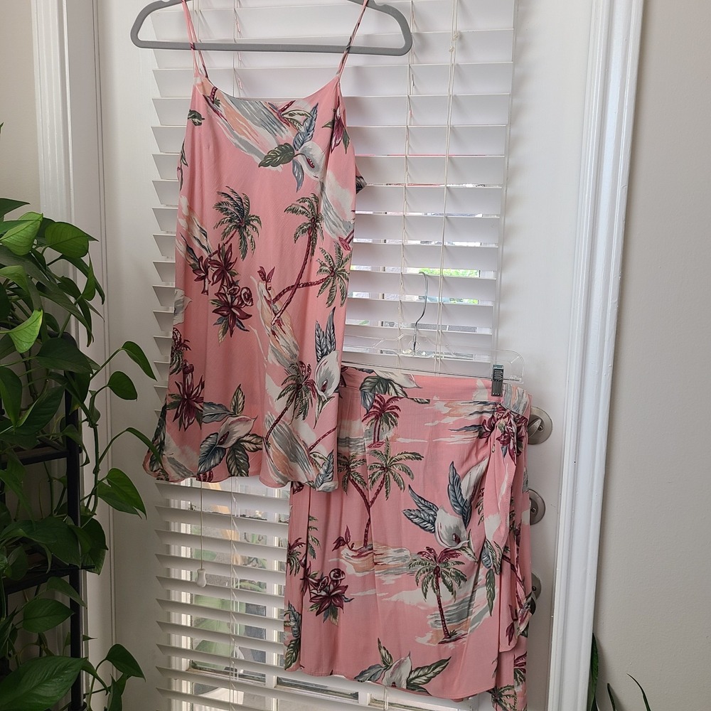 VTG Hilo Hattie Hawaiian Women's 2 PC Set Top-L Skirt-XL Floral Pink Palm Trees